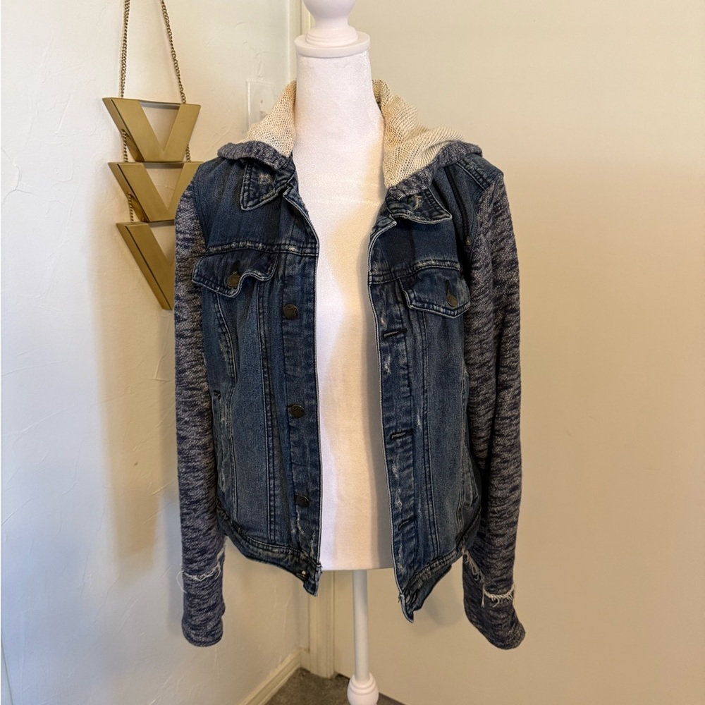 Free People detachable Hooded Denim Jacket w/ Knit Sleeves, Casual Layering, Lg